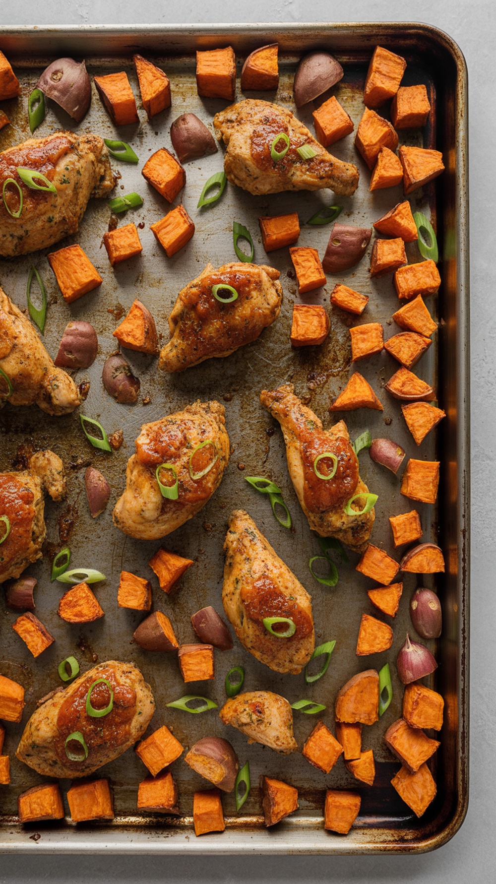 Sheet pan with BBQ chicken and sweet potato hash