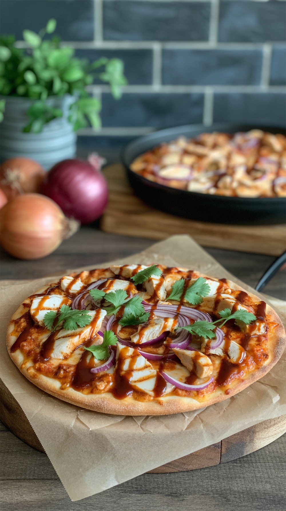 BBQ Chicken Pizza with cilantro and red onion on a wooden board