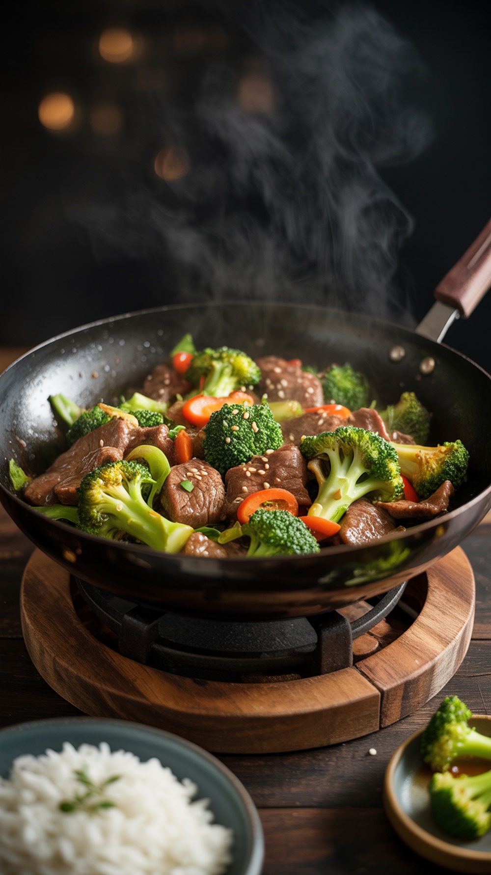 A delicious beef and broccoli stir-fry in a skillet, served with rice.