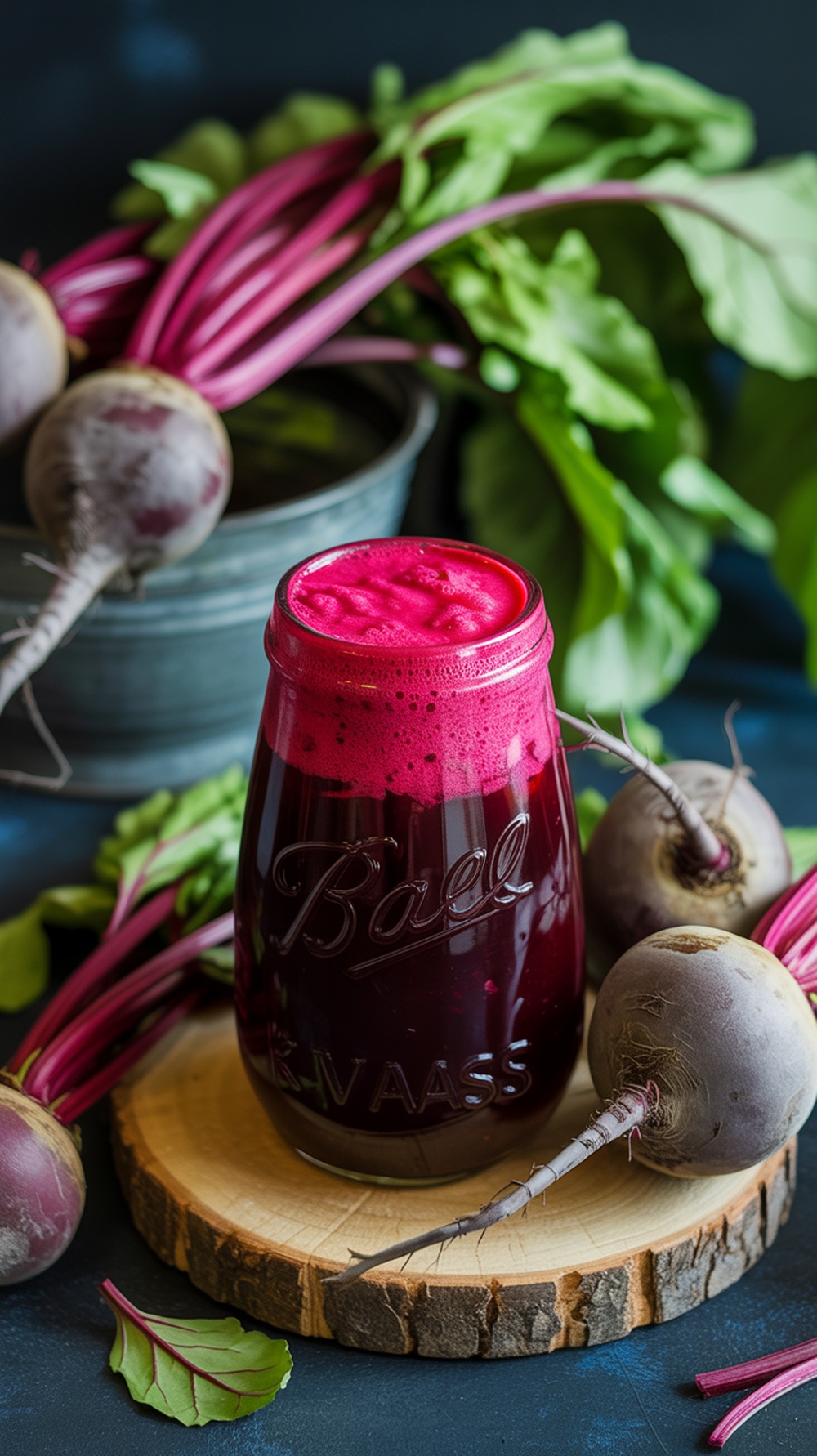 A vibrant glass of beet kvass surrounded by fresh beets and greens.