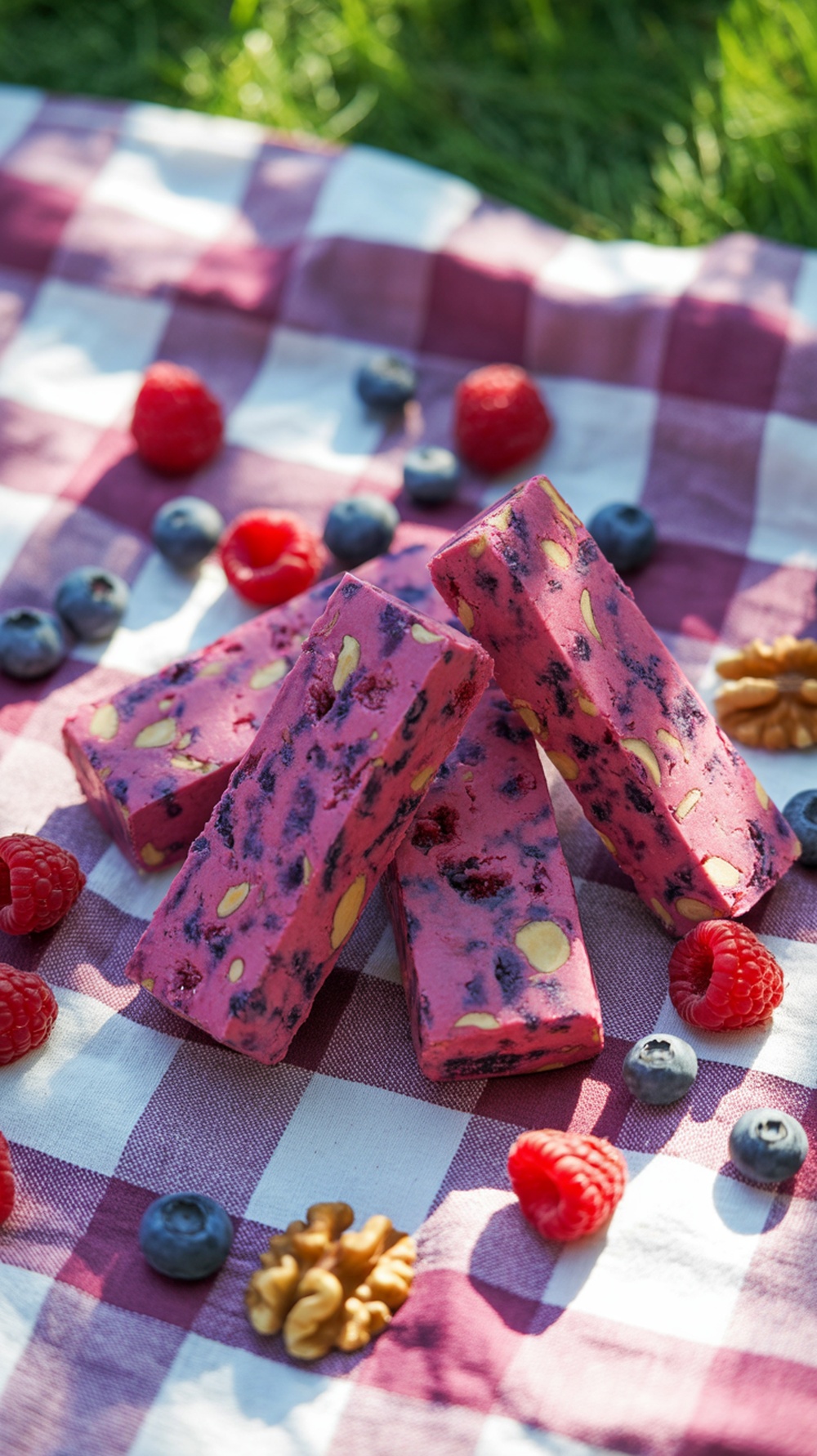An assortment of Berry Blast protein bars on a picnic blanket with berries and almonds.