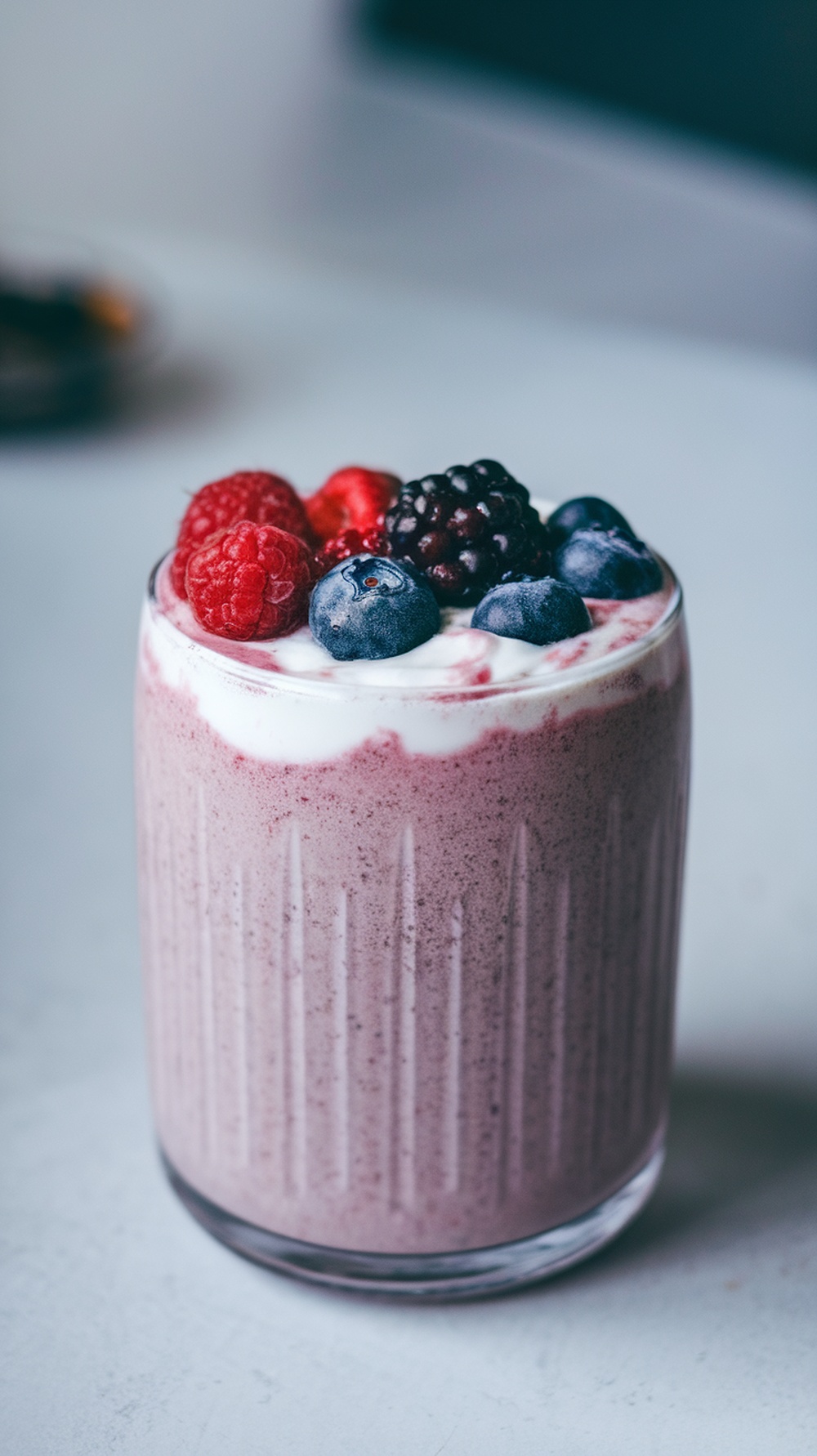 A delicious Berry Blast Smoothie topped with fresh berries