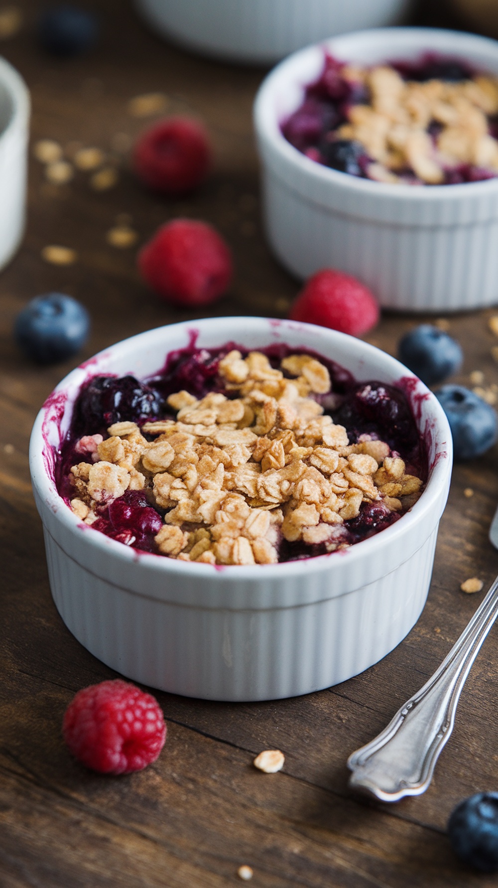 A delicious berry crumble with an oat topping in a white ramekin, surrounded by fresh berries.