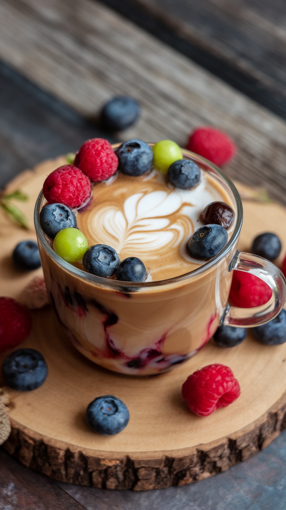 A glass of berry infused protein coffee topped with fresh berries