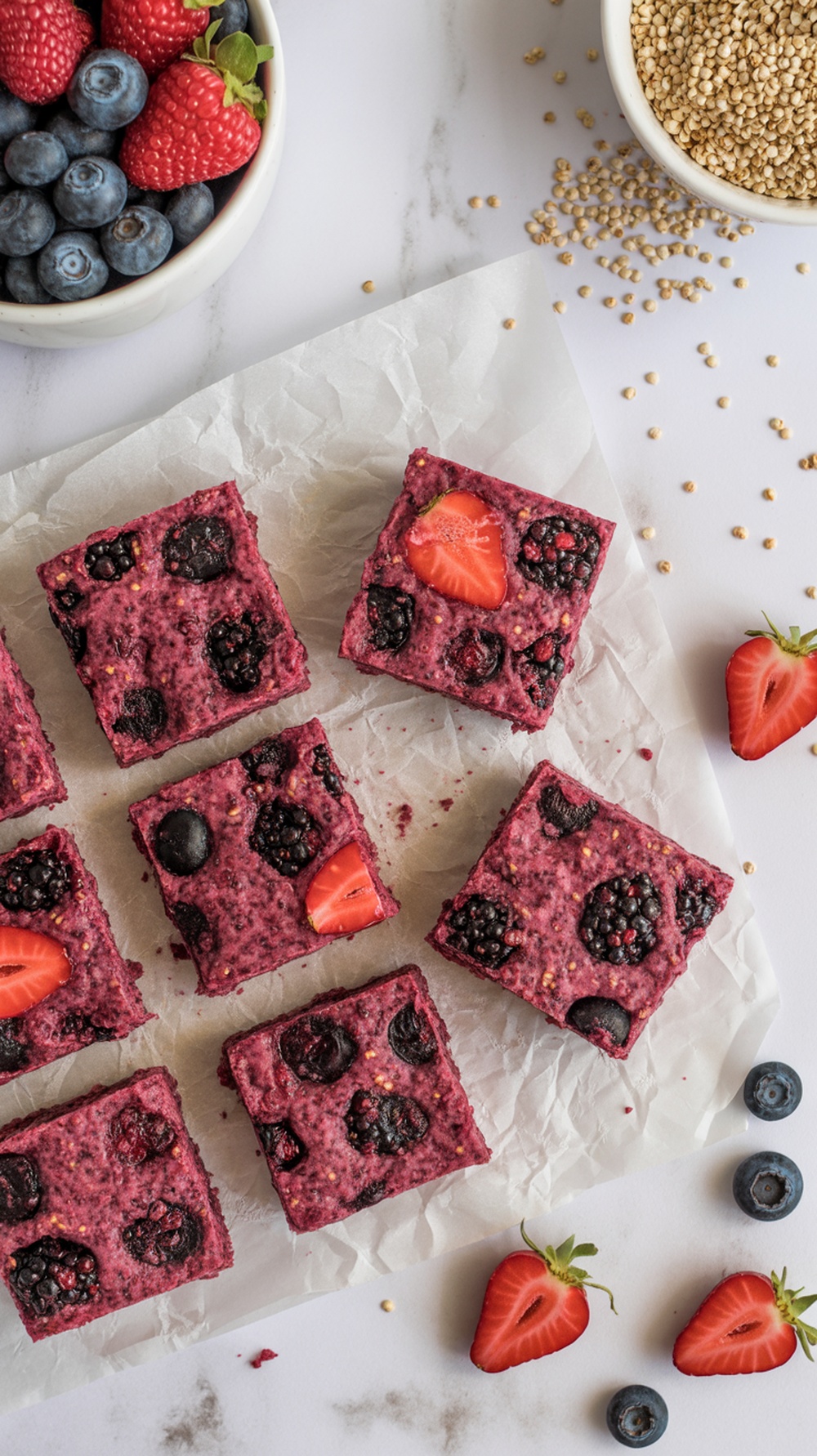 Delicious berry quinoa breakfast bars on parchment paper with fresh berries around.