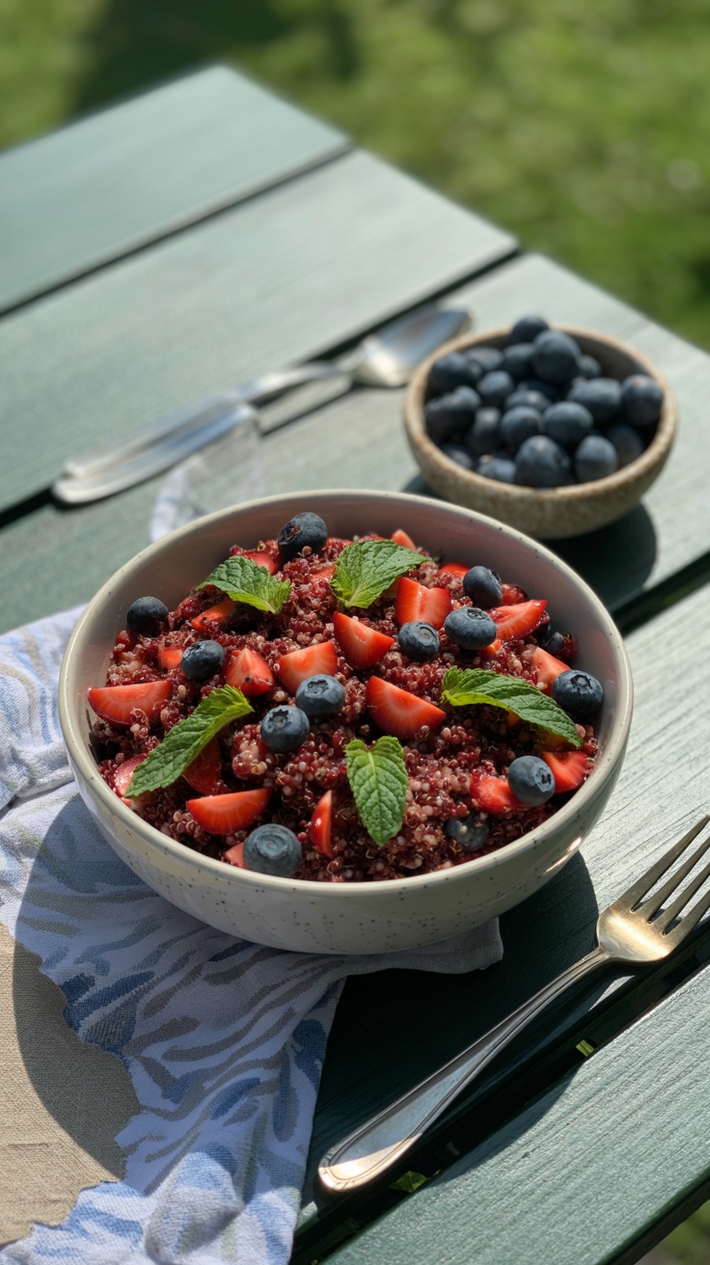 A vibrant bowl of berry quinoa salad with strawberries and blueberries, garnished with mint leaves.