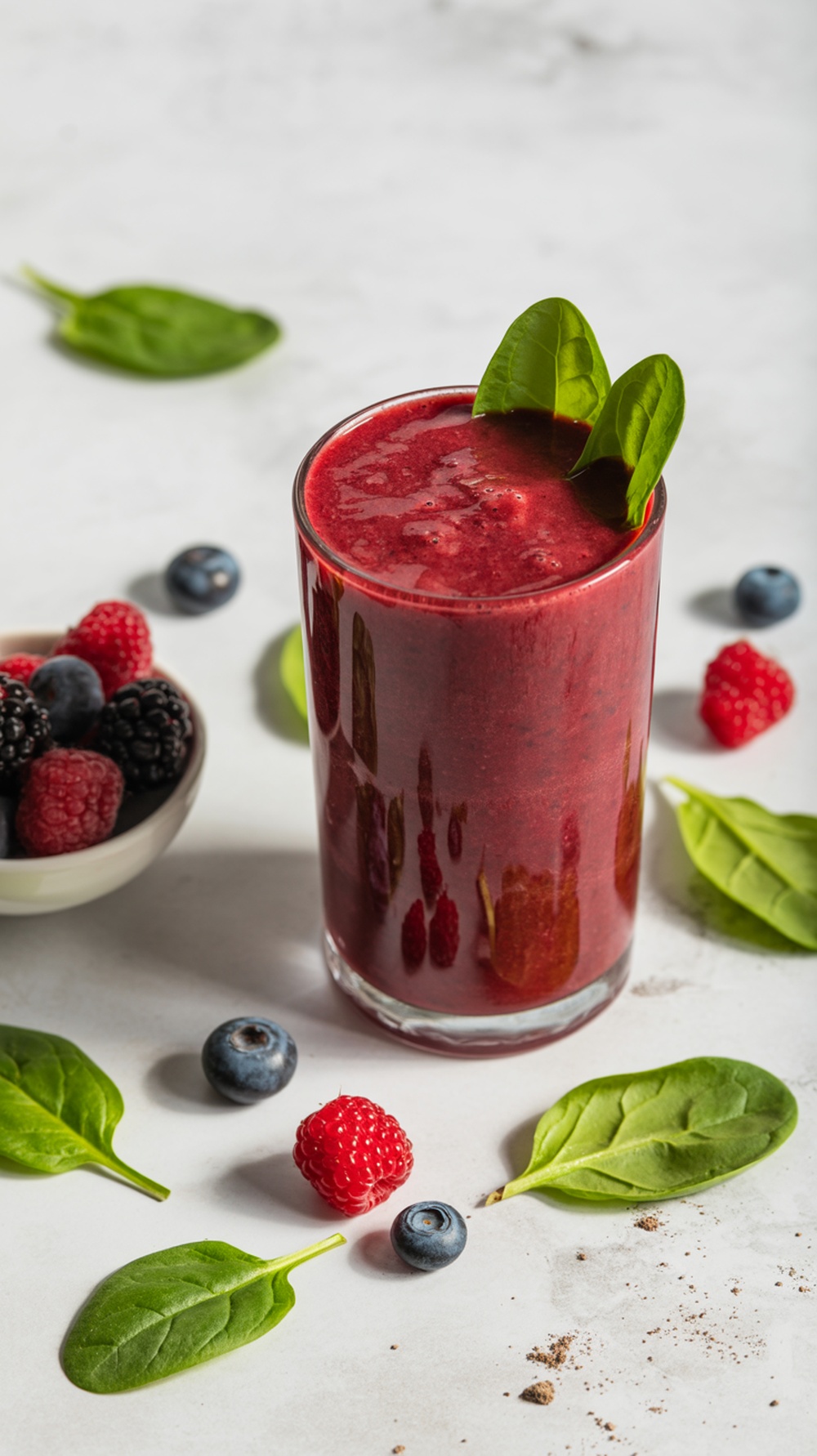 A berry spinach smoothie in a glass garnished with spinach leaves, surrounded by fresh berries.