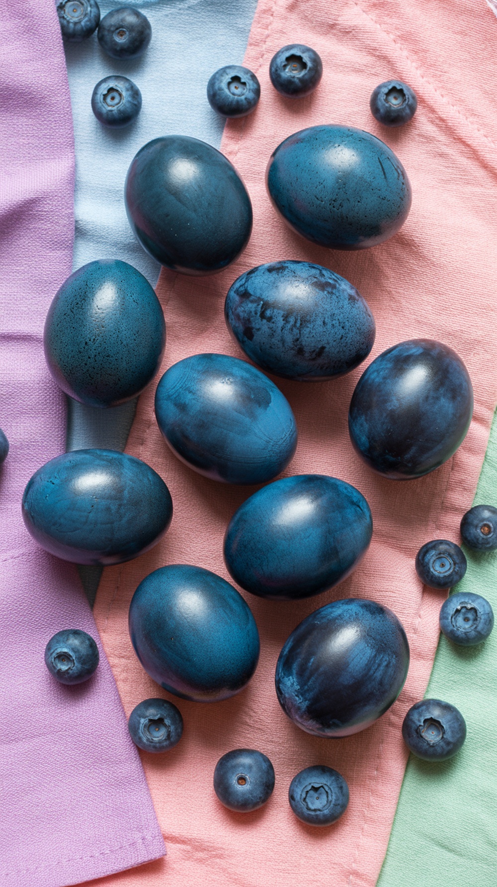 Decorated Easter eggs dyed with blueberry color on colorful napkins
