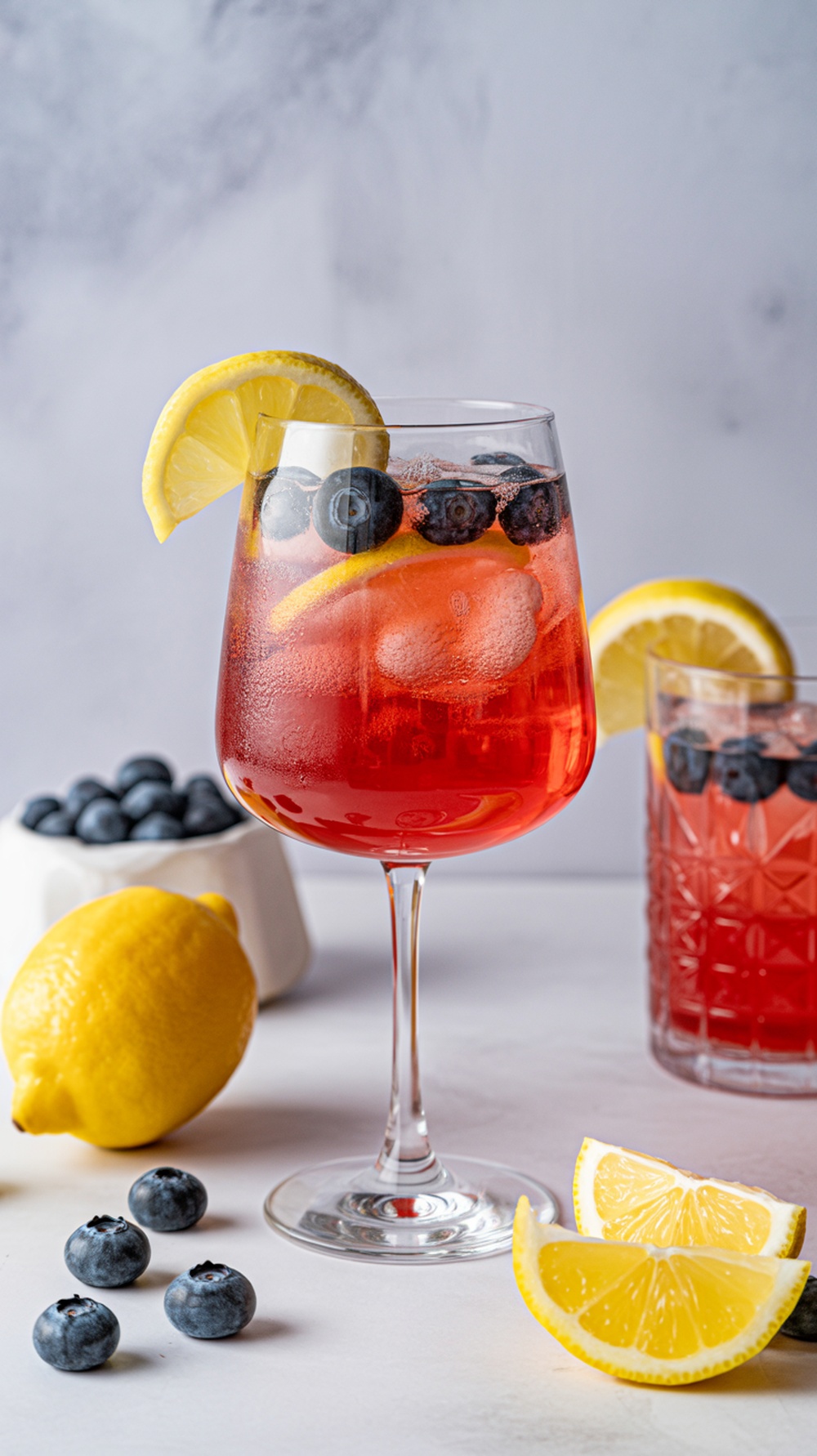 A refreshing blueberry lemon spritzer drink garnished with lemon slices and blueberries.