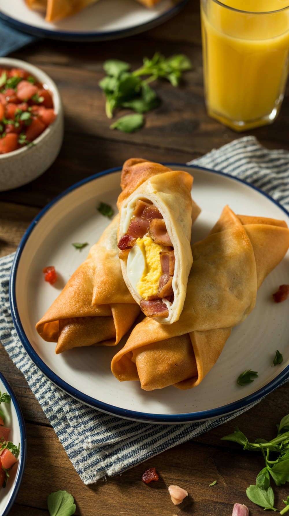Delicious breakfast eggrolls filled with eggs and bacon served on a plate