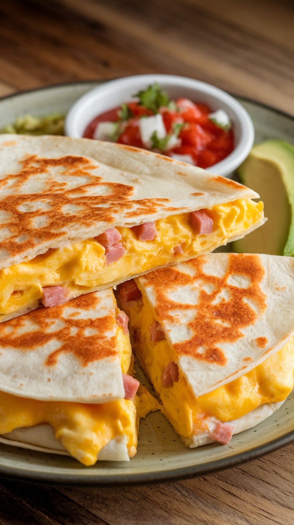 Delicious breakfast quesadillas filled with eggs and cheese, served with salsa and avocado.