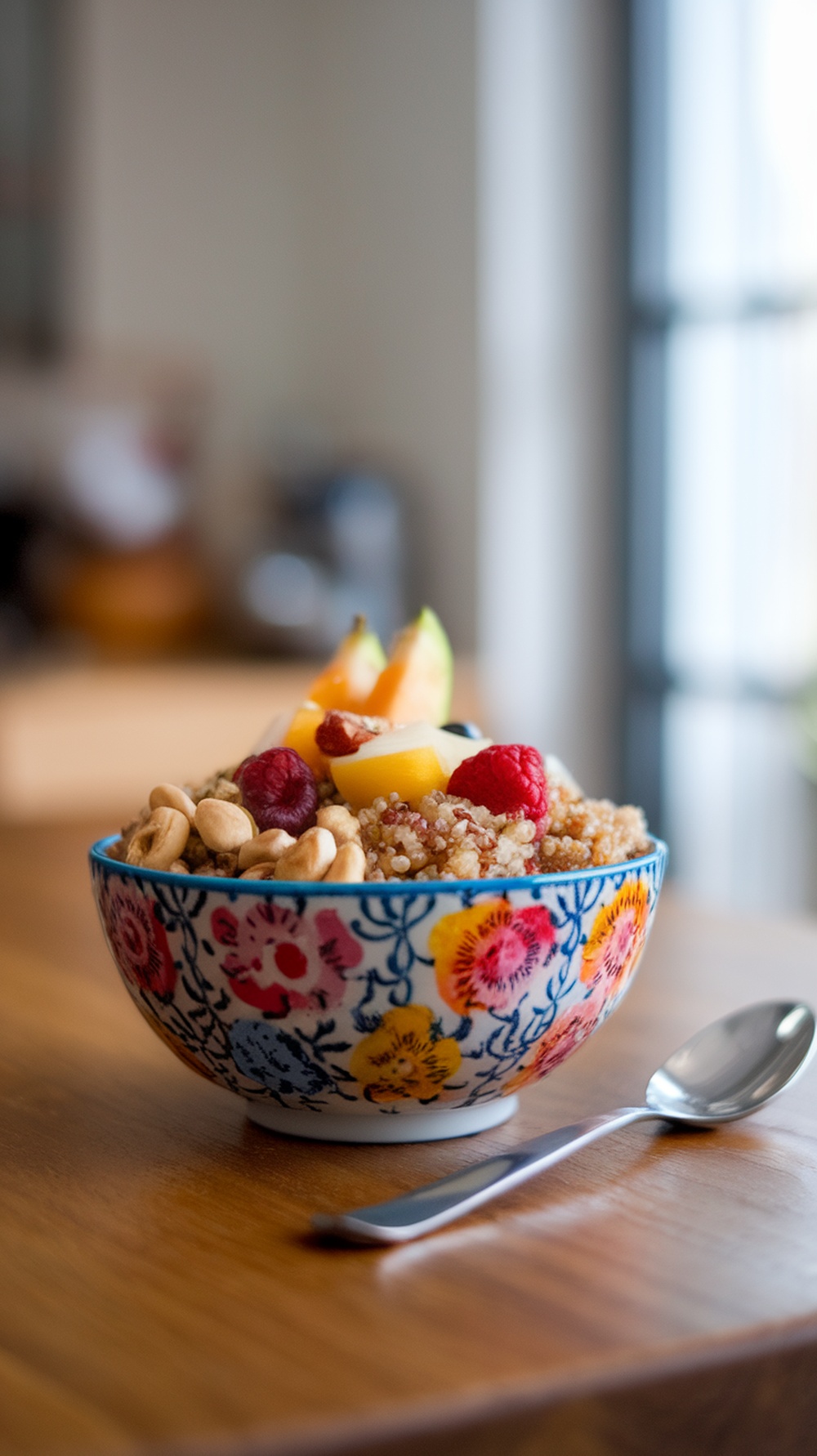 A colorful breakfast quinoa bowl with fruits and nuts.