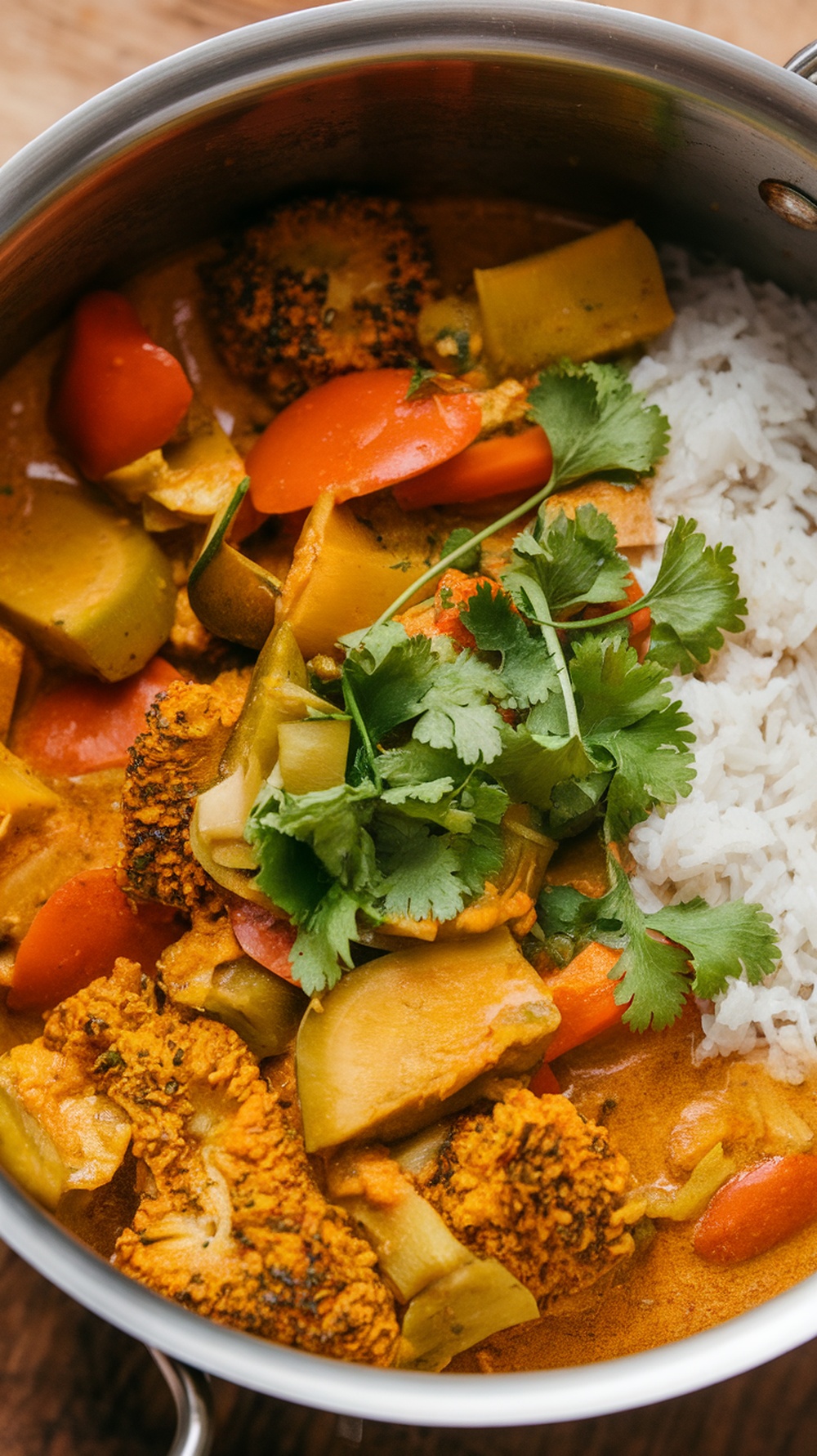 A pot of colorful vegetable curry with rice and fresh cilantro on top.