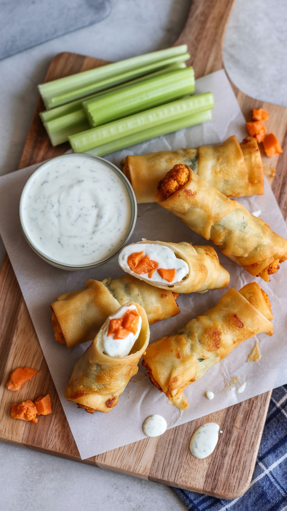 Buffalo cauliflower eggrolls served with ranch dressing and celery sticks.