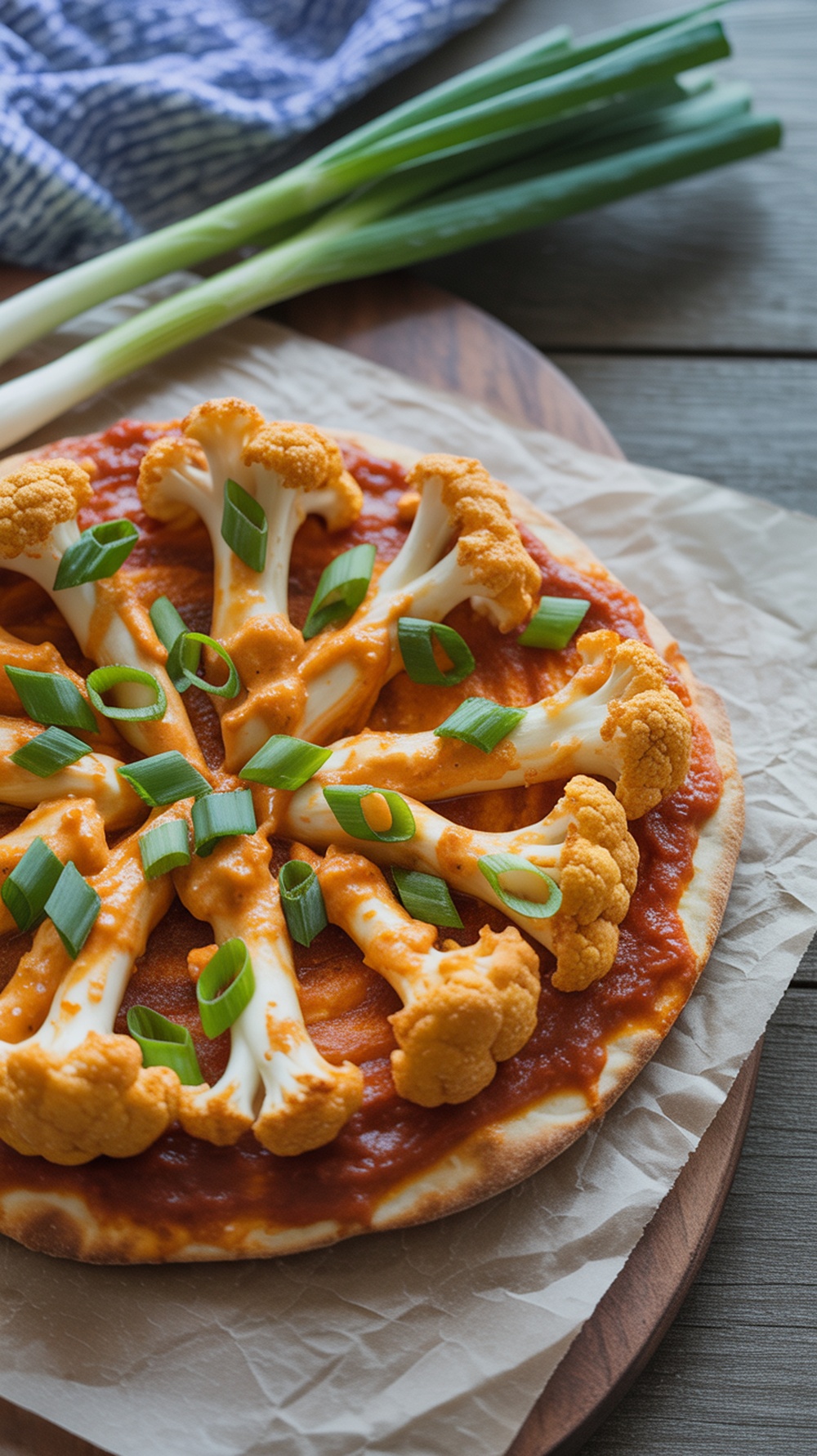A delicious Buffalo cauliflower pizza topped with fresh greens.