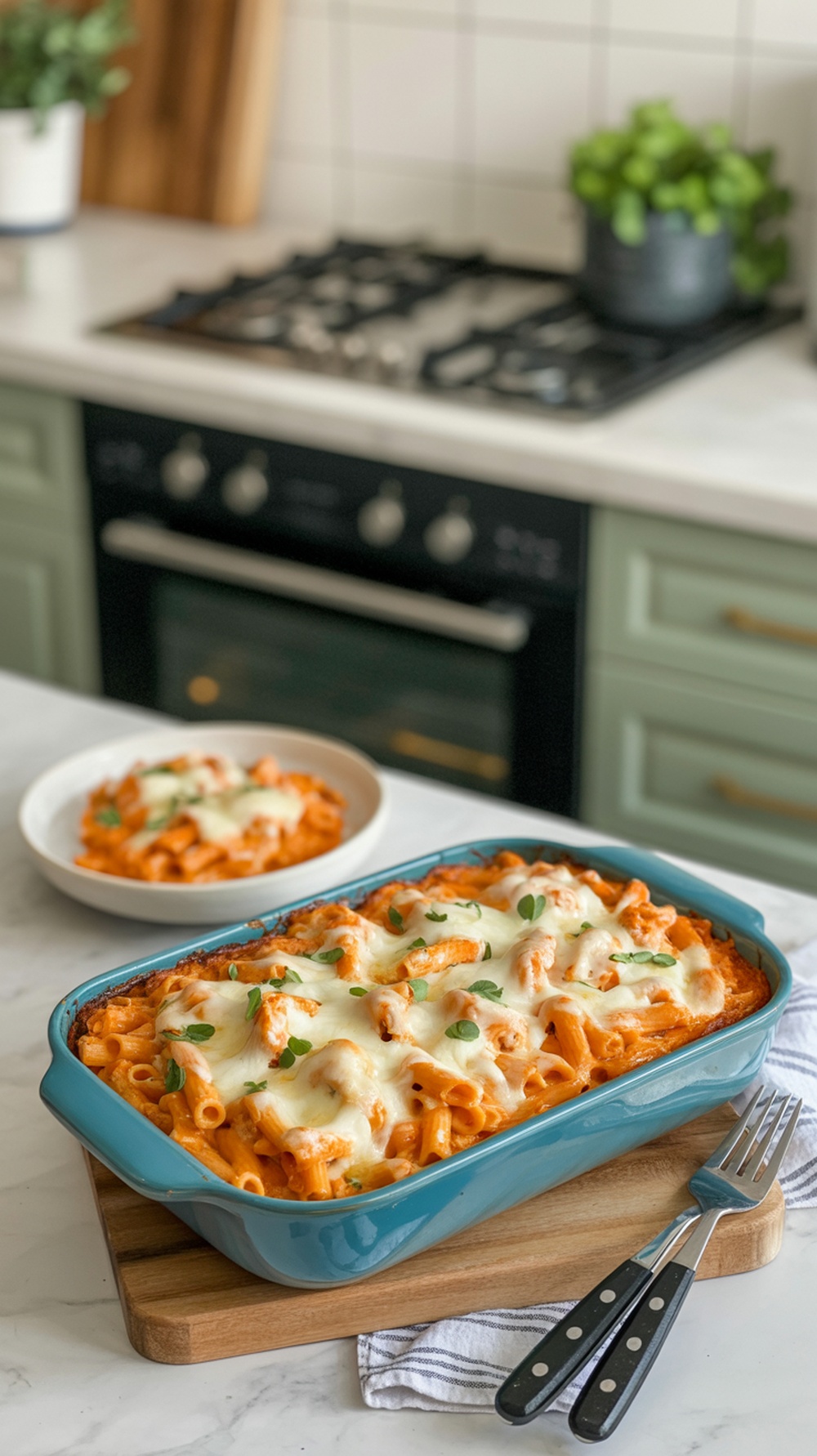 A delicious Buffalo Chicken Pasta Bake in a blue dish, topped with melted cheese and garnished with herbs.