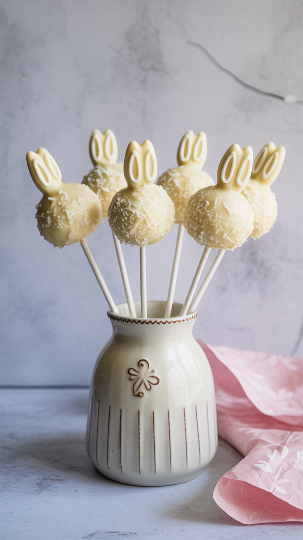 A display of Bunny Tail Cake Pops in a ceramic vase.