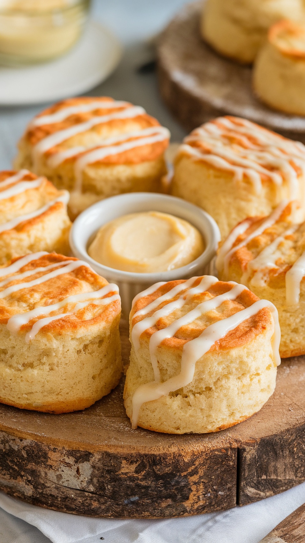 Buttermilk biscuits with honey butter served on a wooden platter