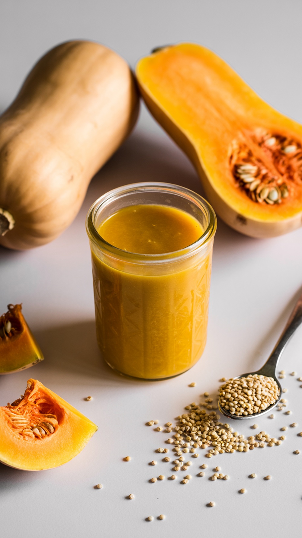 A jar of butternut squash and quinoa baby food with raw butternut squash and quinoa seeds in the background.