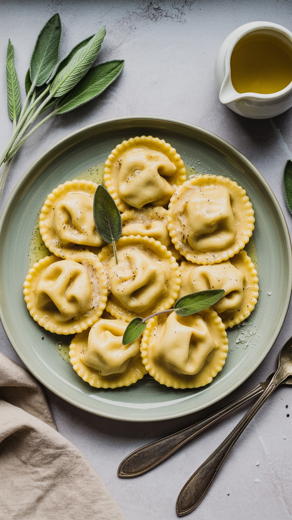 A plate of butternut squash ravioli garnished with sage leaves and drizzled with sage butter.