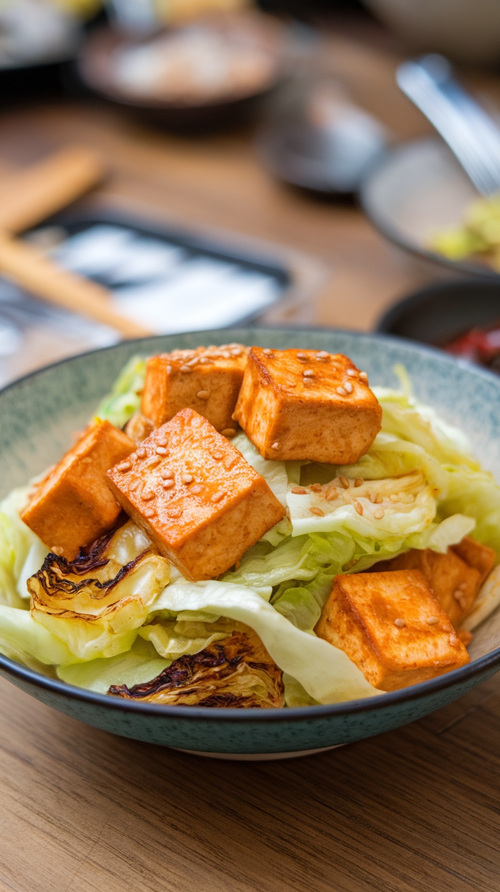 A bowl of cabbage stir-fry with tofu and sesame seeds on top.