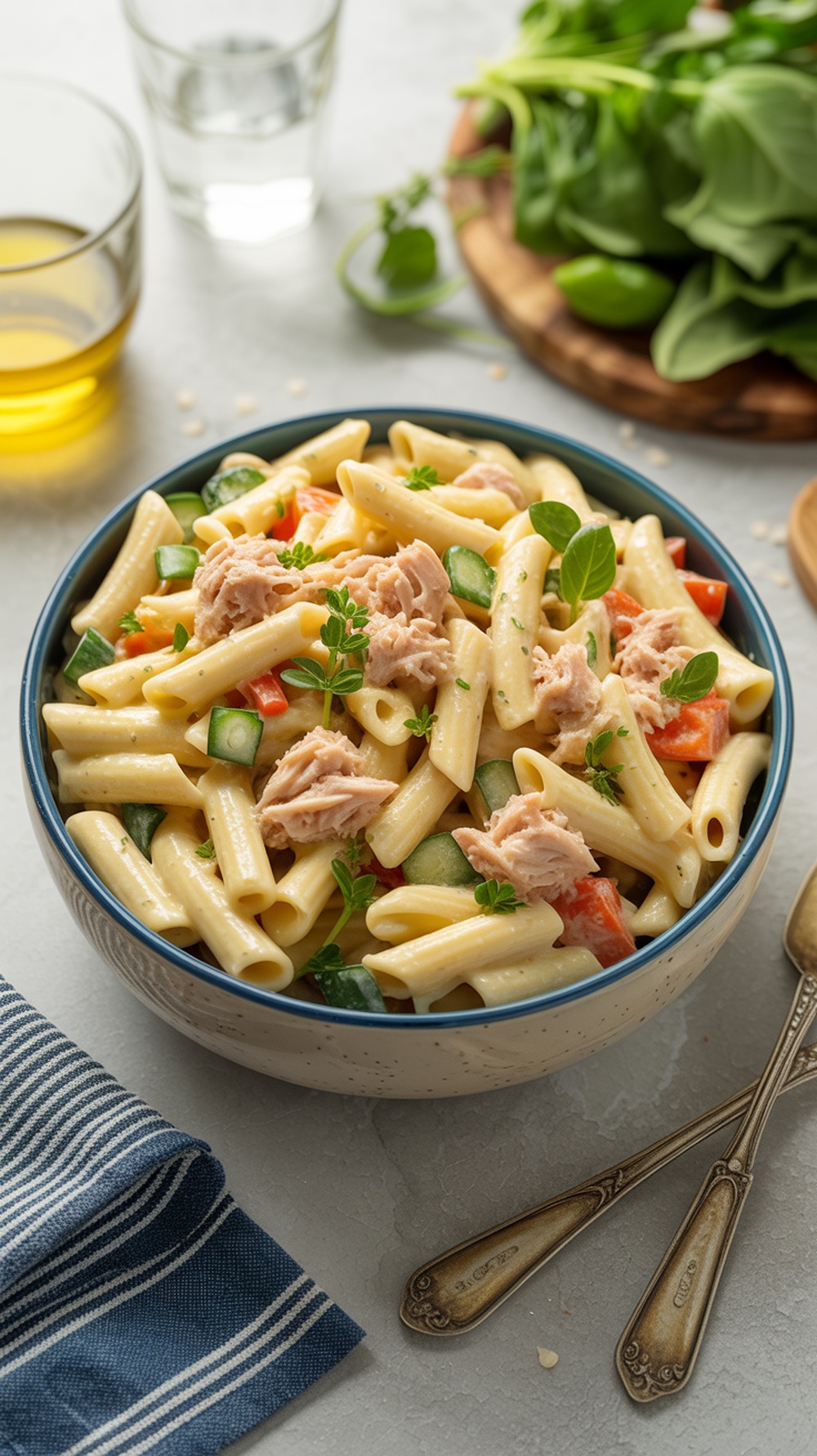 A bowl of canned tuna pasta salad with vegetables and herbs