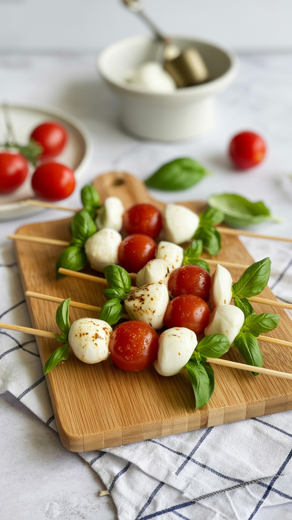 Caprese salad skewers with tomatoes, mozzarella balls, and basil on a wooden board.