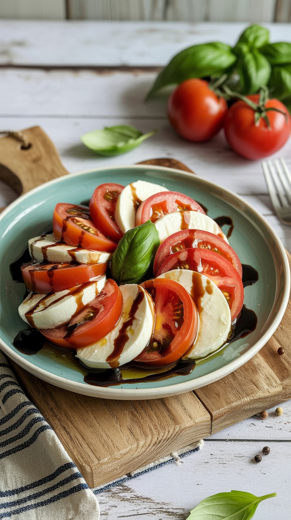 A vibrant Caprese salad with sliced tomatoes, mozzarella, basil, and balsamic glaze on a plate.