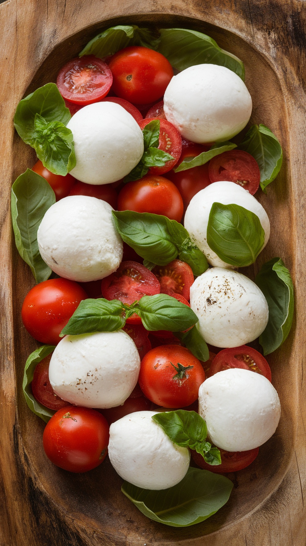 Caprese salad with fresh mozzarella, tomatoes, and basil on a wooden serving platter