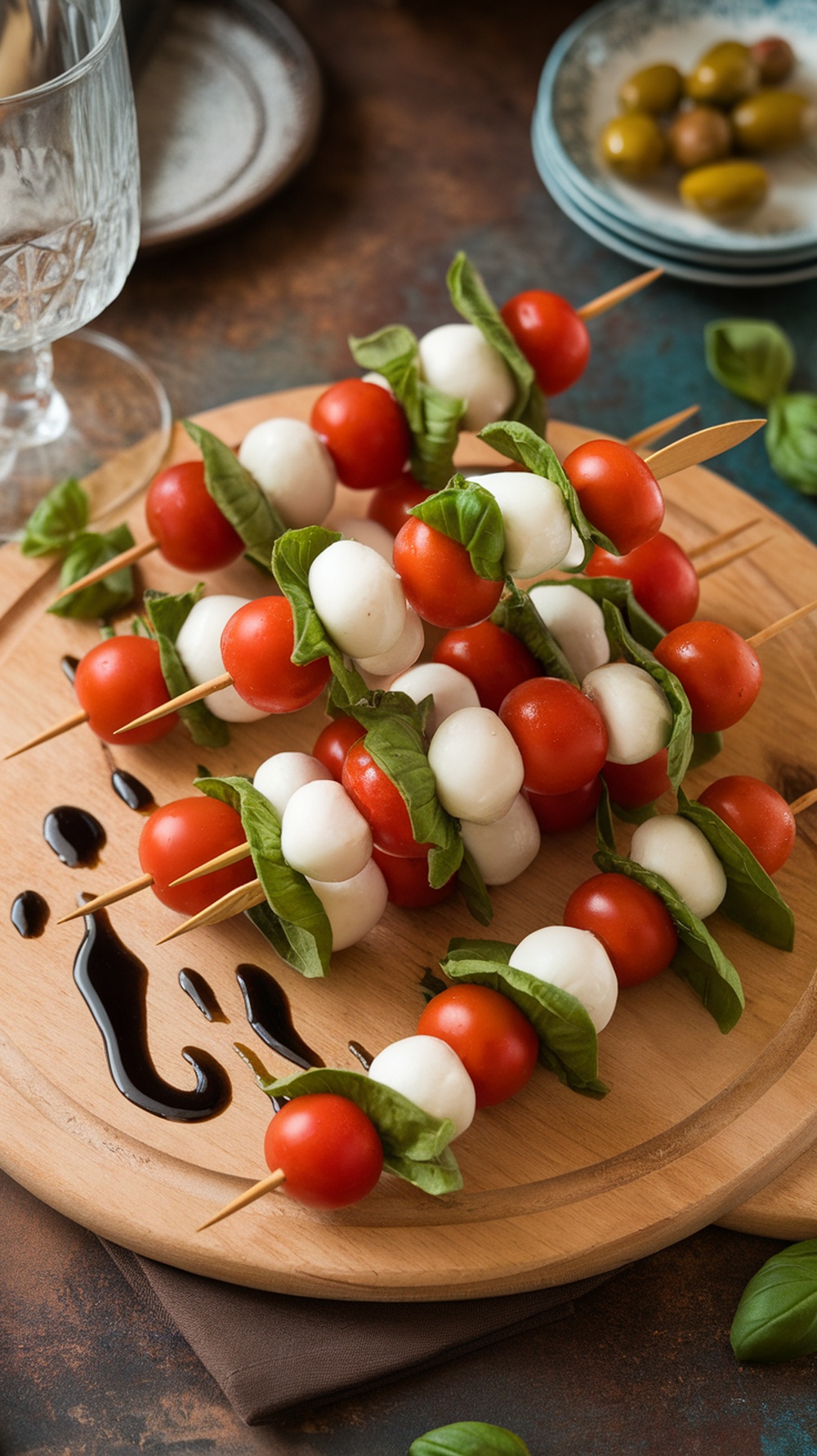 Caprese skewers with cherry tomatoes, mozzarella balls, and basil on a wooden platter.