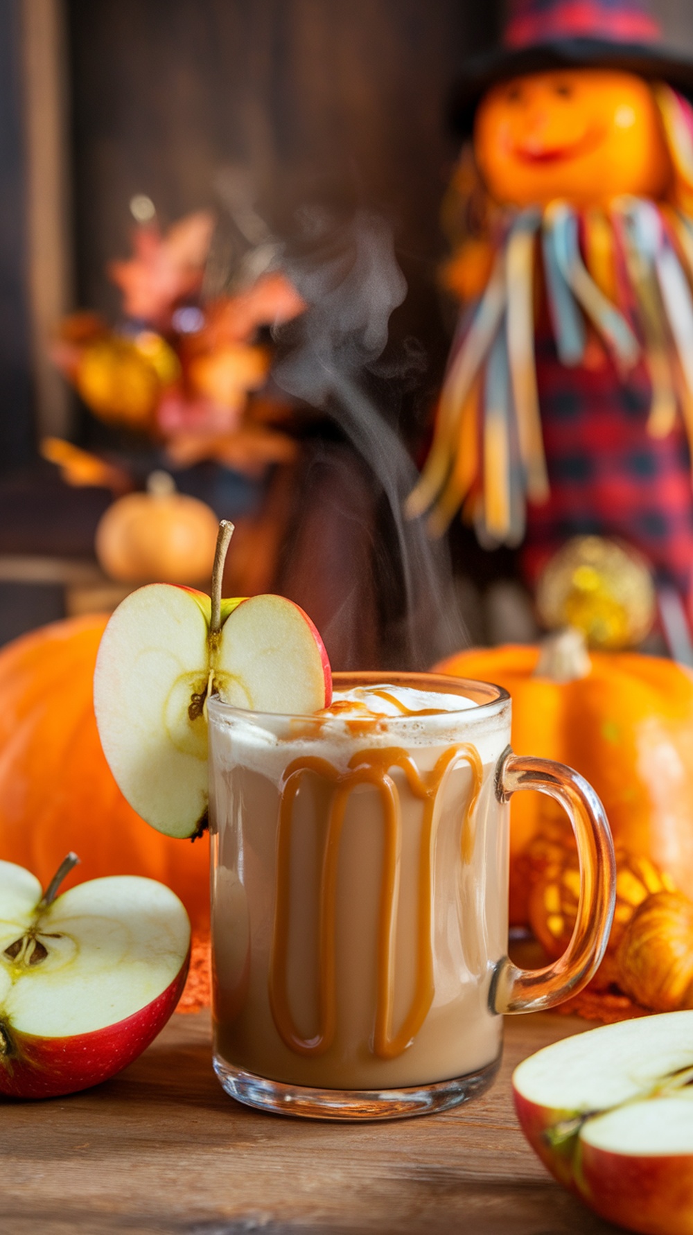 A warm cup of caramel apple cider with apple slices and caramel drizzle, surrounded by autumn decorations.