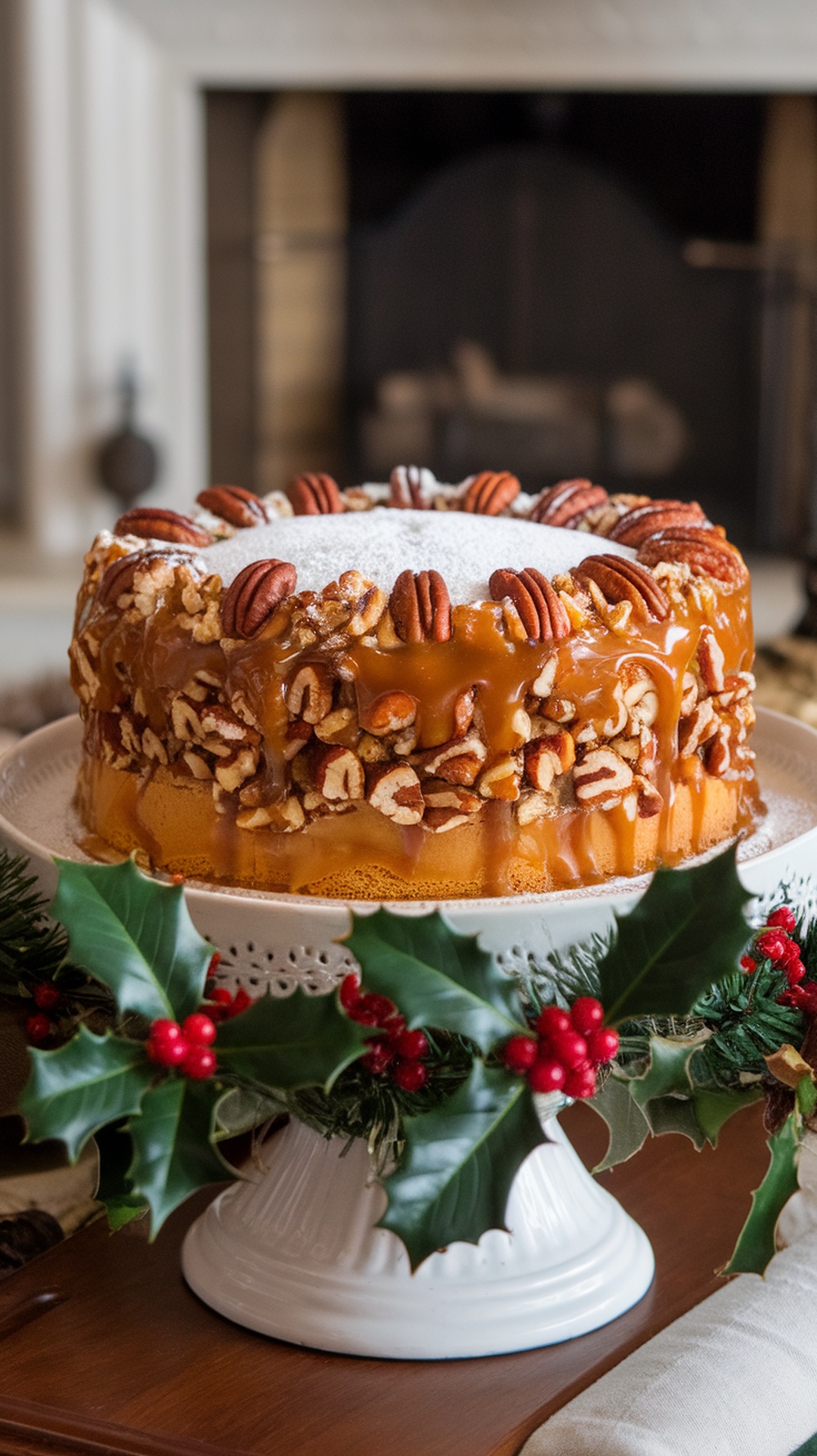 Delicious caramel pecan dump cake topped with pecans and caramel drizzle