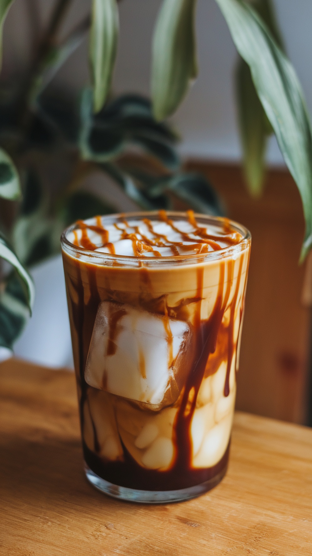 A glass of Caramel Protein Cold Brew topped with caramel sauce and ice cubes.