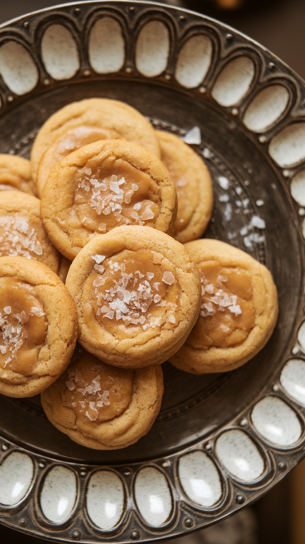 Plate of caramel sea salt cookies with a sprinkle of sea salt on top.