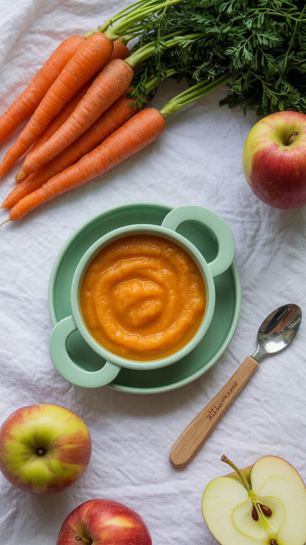 A bowl of carrot and apple puree surrounded by fresh carrots and apples.