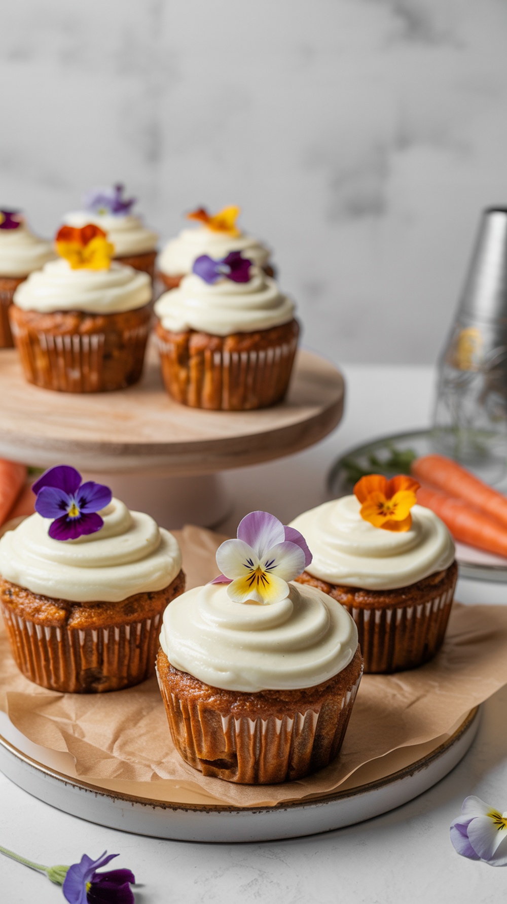 Delicious carrot cake muffins topped with cream cheese frosting and edible flowers.