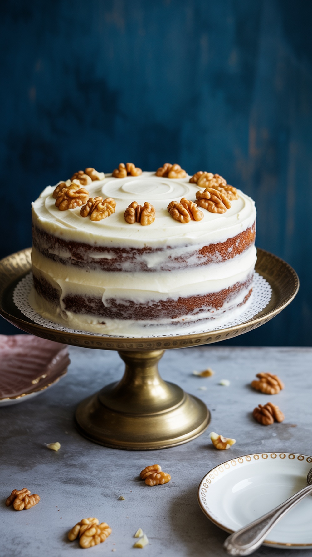 A beautifully decorated carrot cake with creamy frosting and nuts on a vintage cake stand.