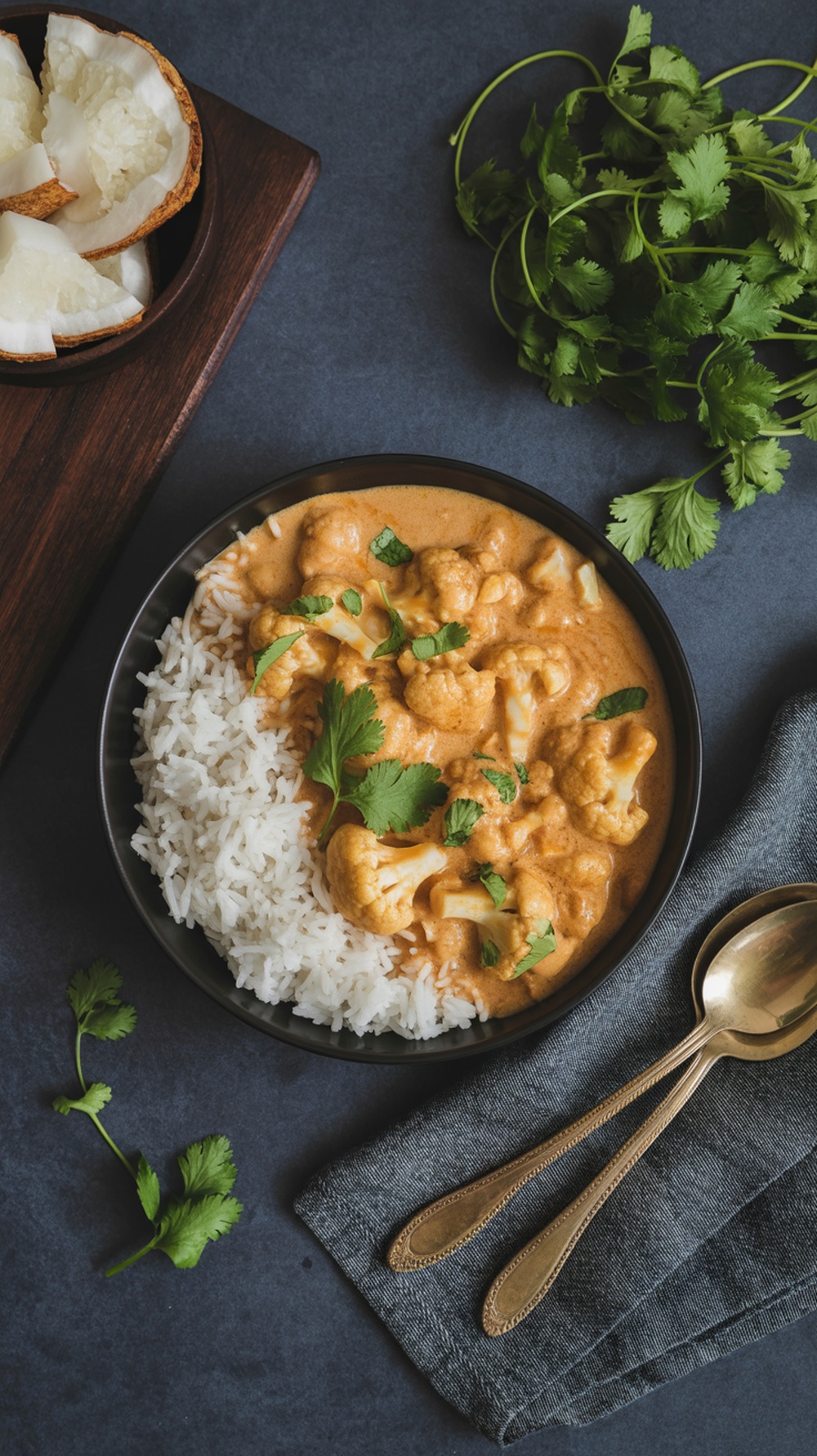 A bowl of cauliflower curry with coconut milk served over rice, garnished with cilantro.