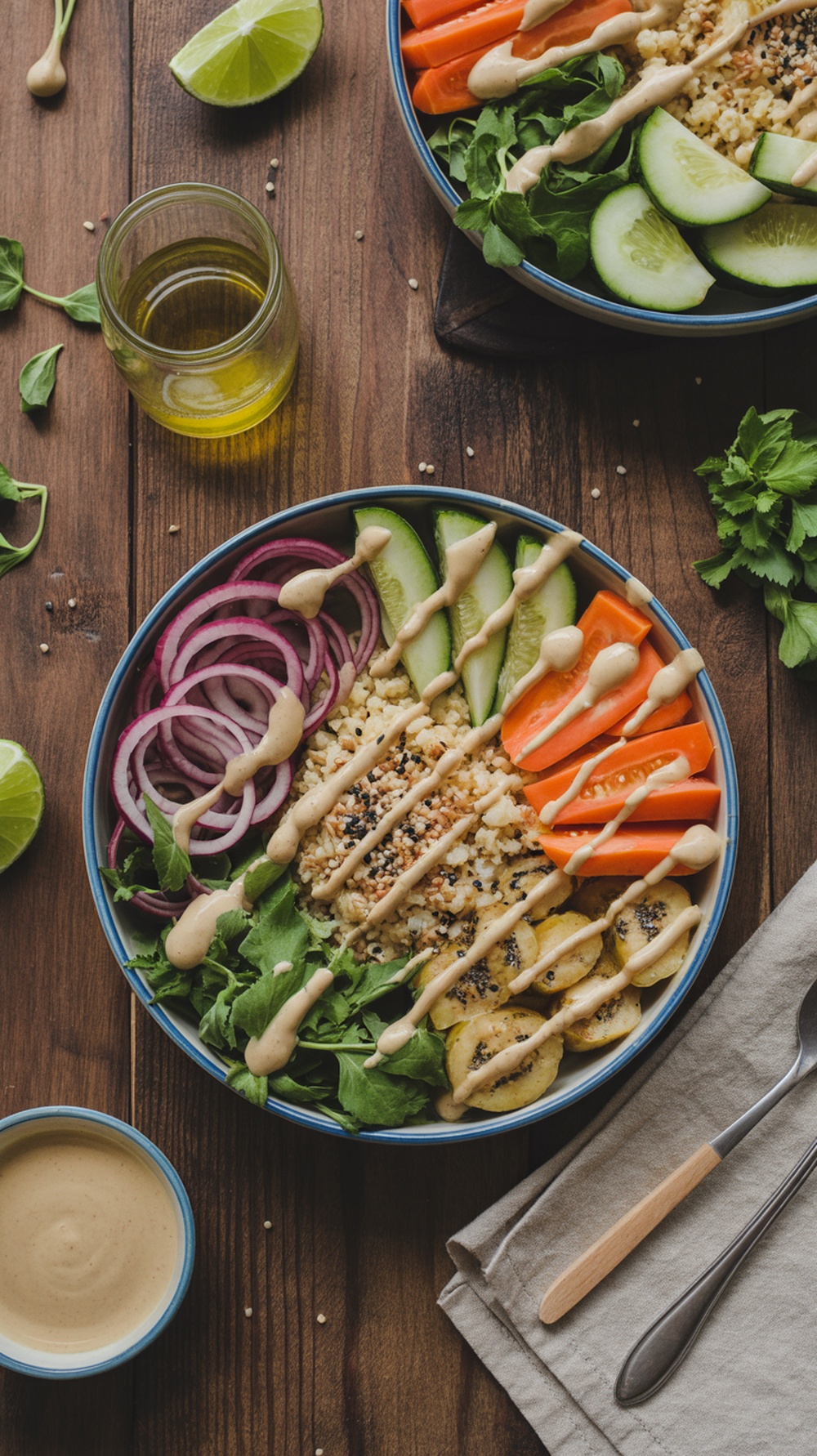 A colorful Cauliflower Rice Buddha Bowl with fresh vegetables and a creamy dressing.