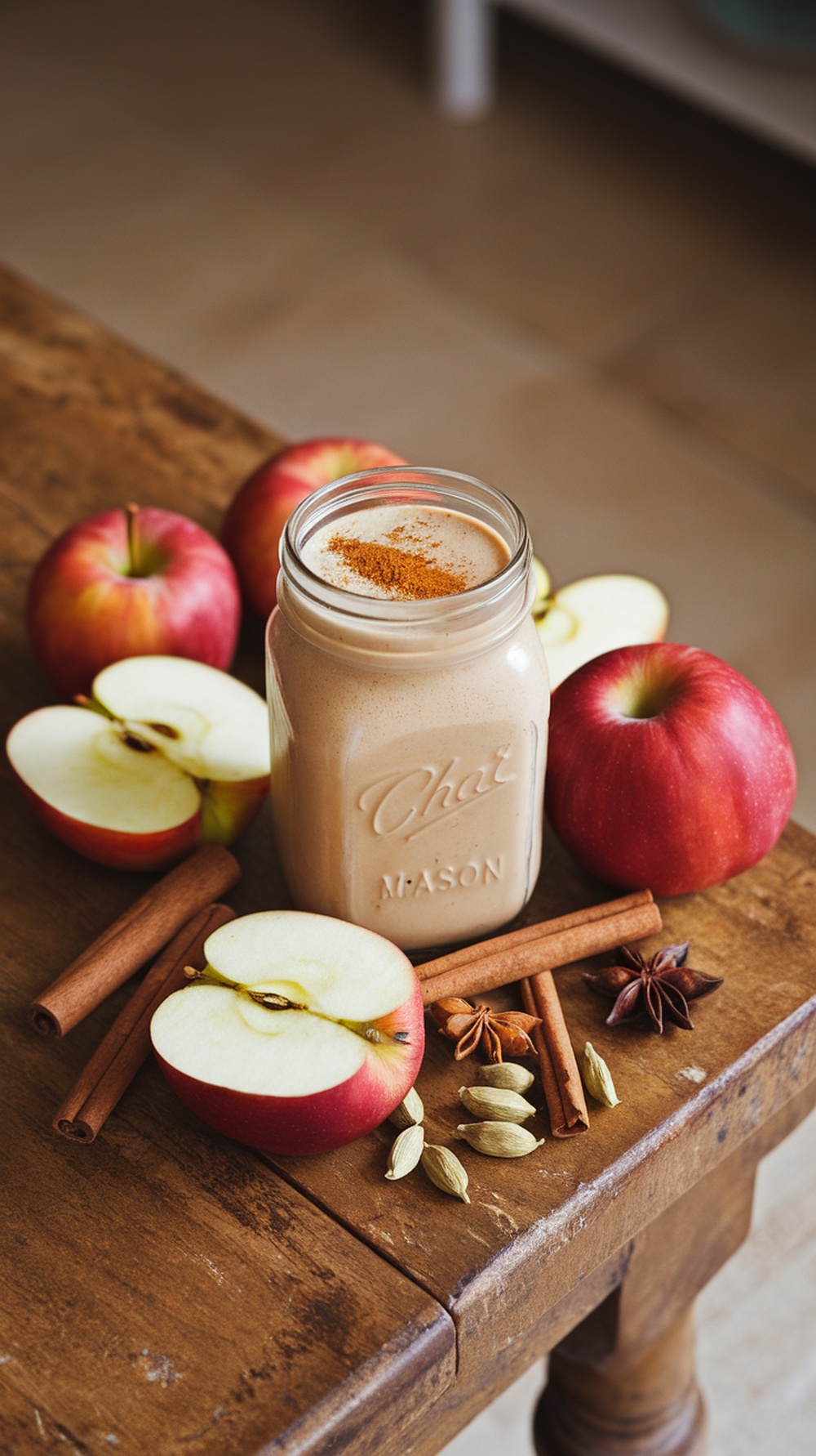 A mason jar filled with a chai-spiced apple smoothie, surrounded by fresh apples and cinnamon sticks.