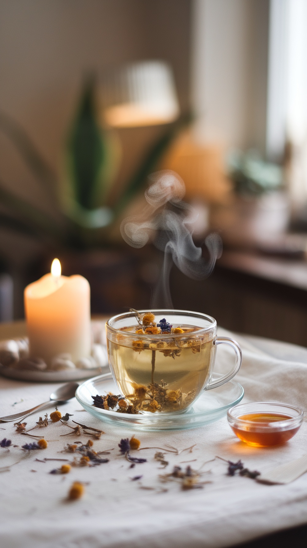 A cup of chamomile lavender tea with steam rising, surrounded by dried flowers and a candle.