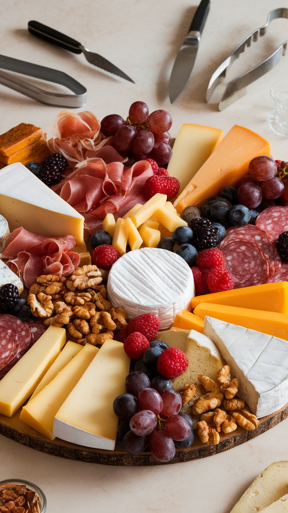 A beautifully arranged cheese and charcuterie board featuring various cheeses, cured meats, fresh fruits, and nuts.