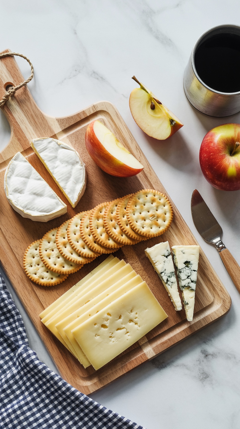 A wooden cutting board with cheese, crackers, apple slices, and a small knife.