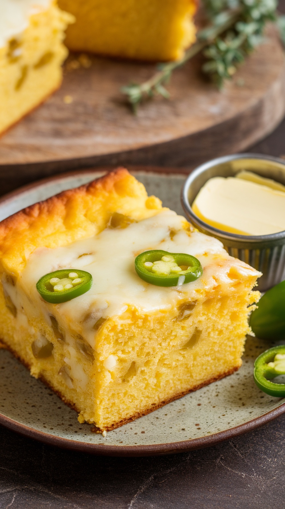 A slice of cheesy jalapeño cornbread on a plate with butter.