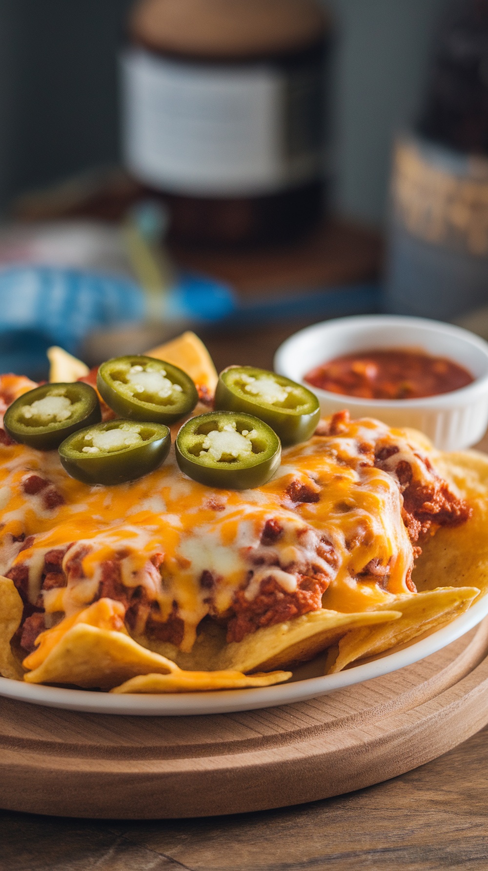 Cheesy nachos topped with jalapeños on a wooden plate