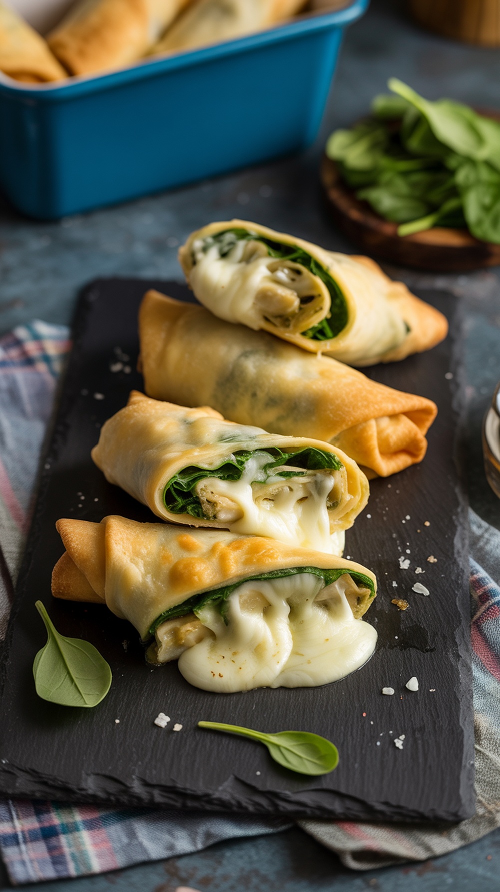 Cheesy spinach and artichoke eggrolls on a serving platter