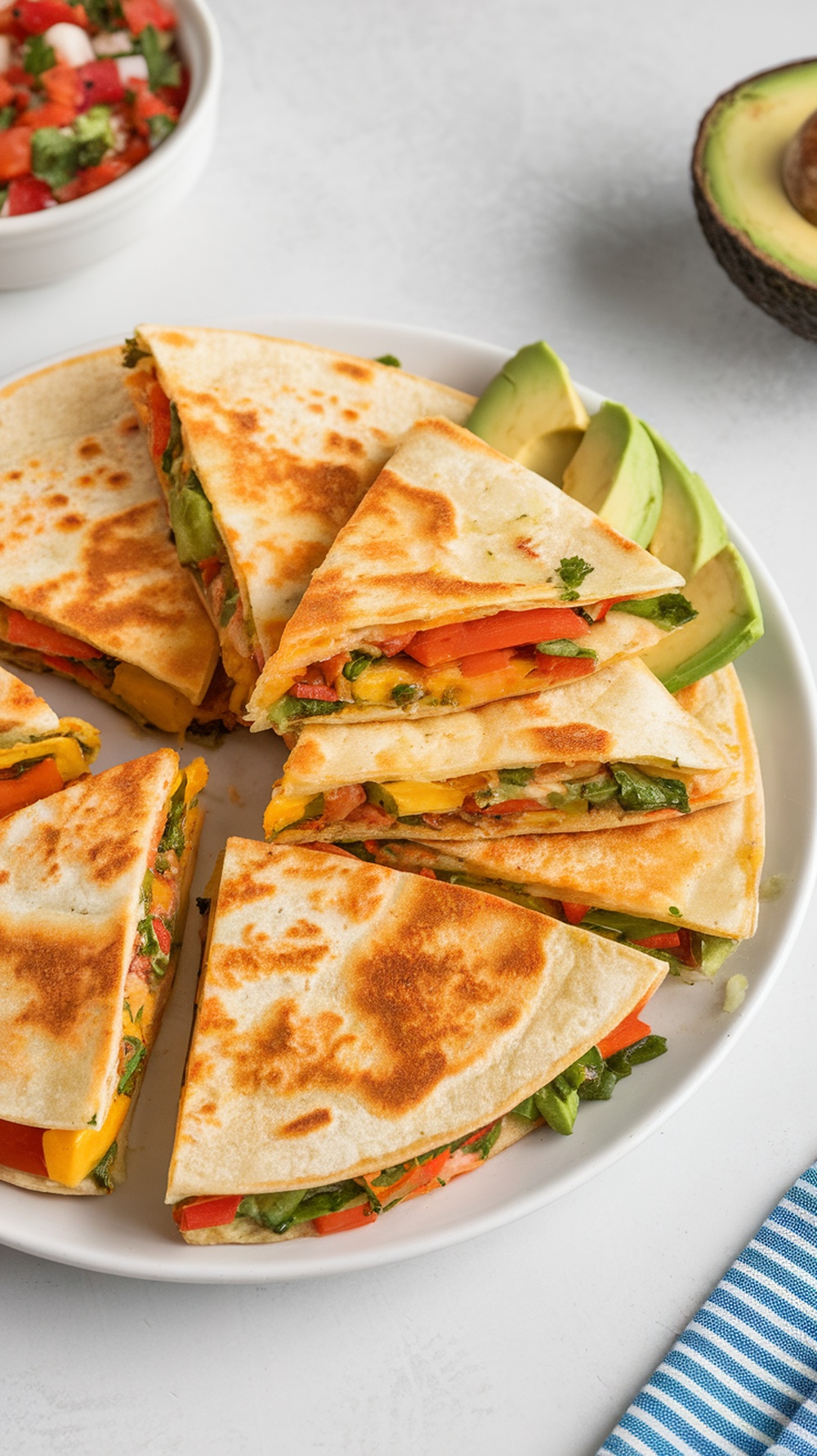 A plate of cheesy veggie quesadillas with avocado slices and salsa