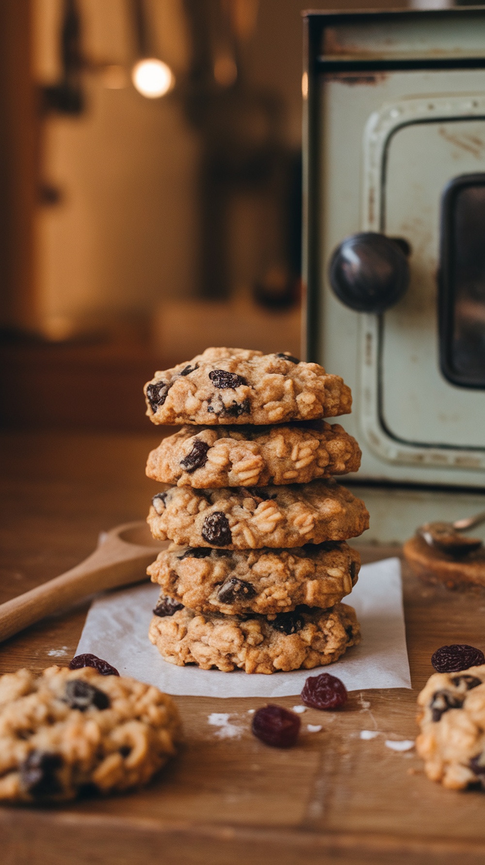 Stacks of chewy oatmeal raisin cookies on a wooden table next to a vintage baking item.