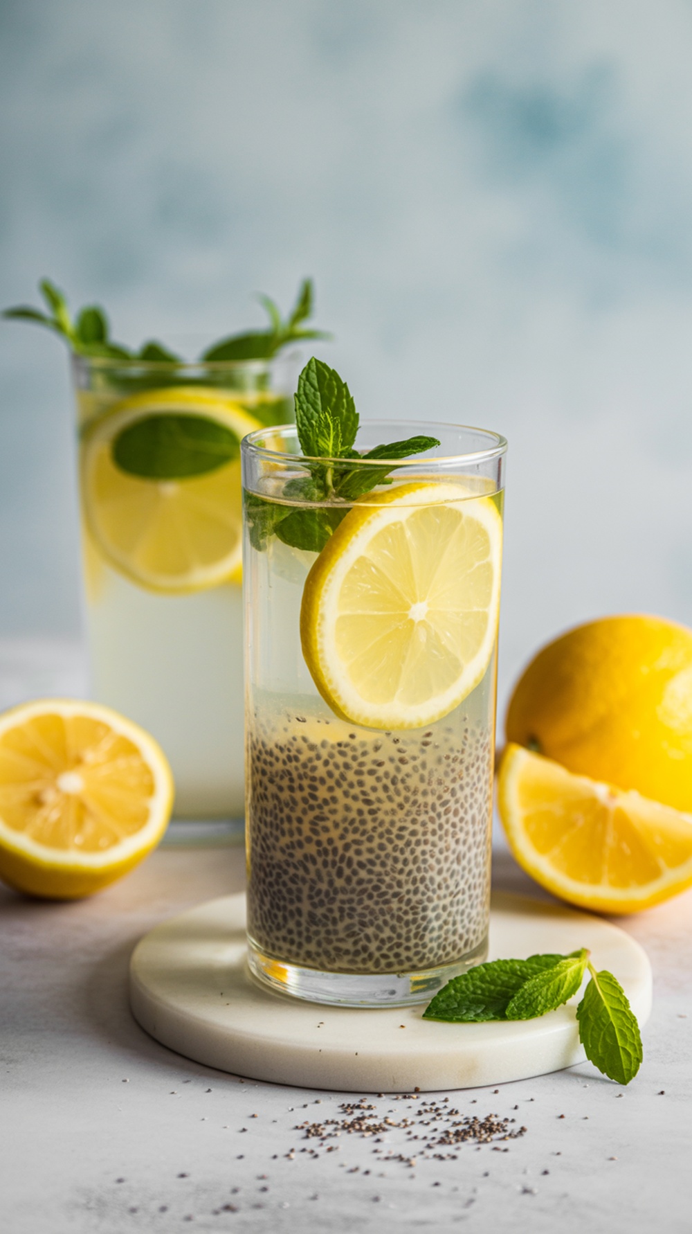 A refreshing glass of chia seed lemonade with lemon slices and mint leaves