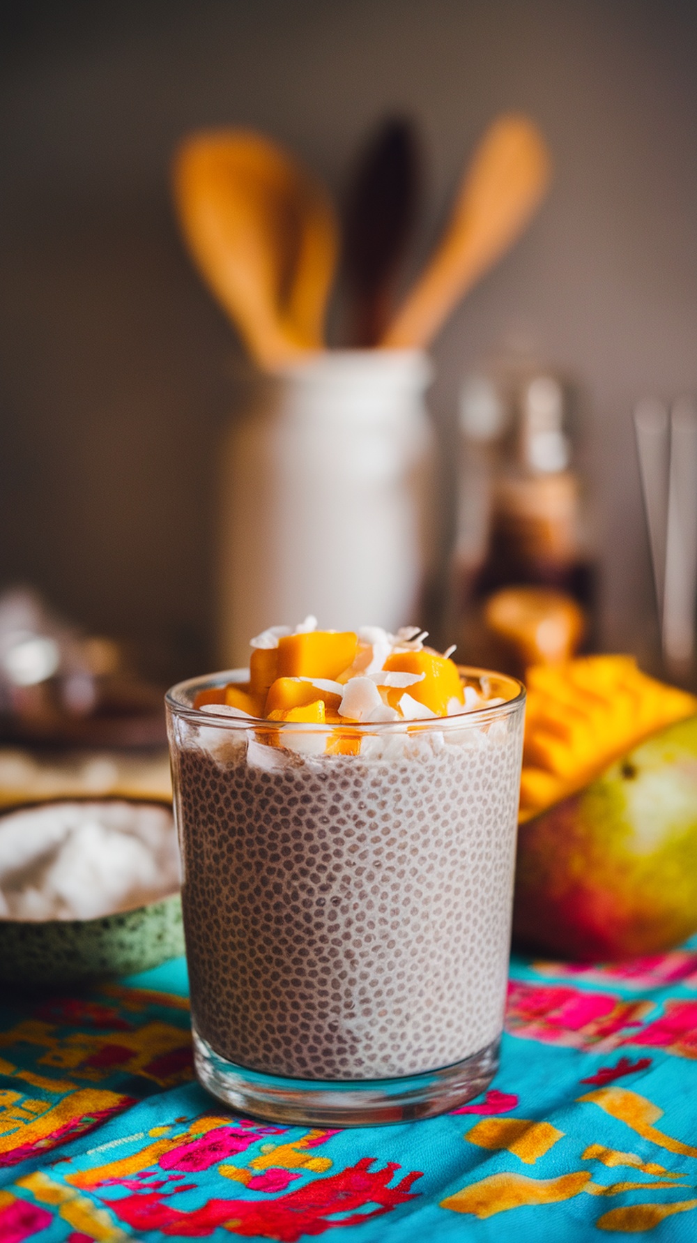A glass of chia seed pudding topped with mango and coconut.